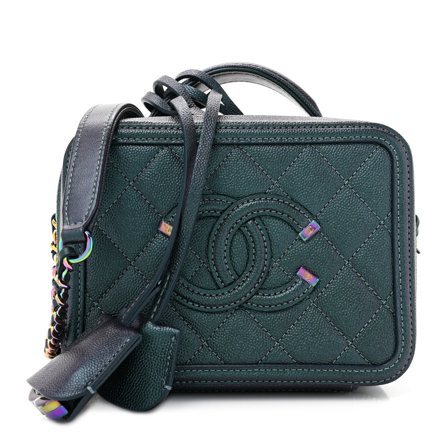 Chanel Iridescent Caviar Quilted Small CC Filigree Vanity Case Dark Turquoise 1 of 12