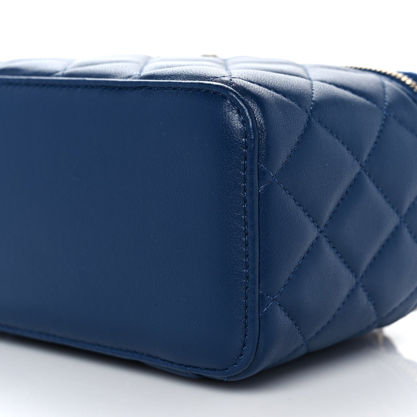 Lambskin Quilted Small Top Handle Vanity Case With Chain Dark Blue