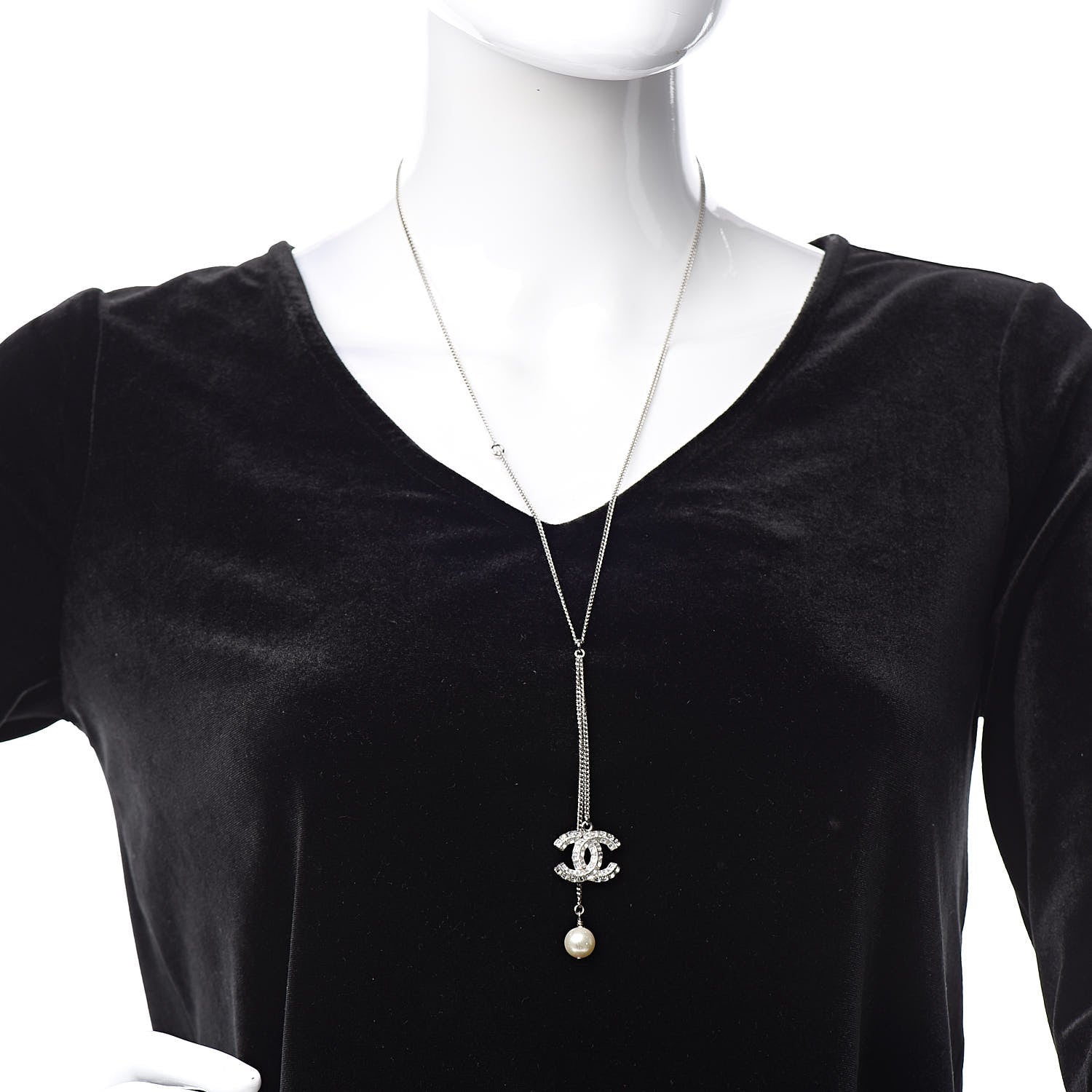 Chanel Baguette Crystal Pearl CC Lariat Necklace Silver 2 of 6