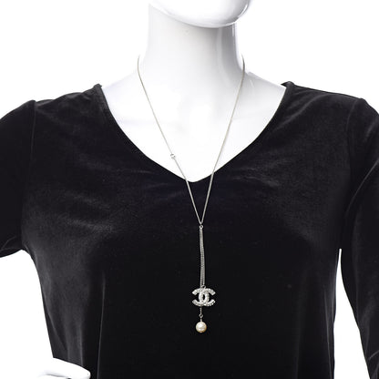 Chanel Baguette Crystal Pearl CC Lariat Necklace Silver 2 of 6