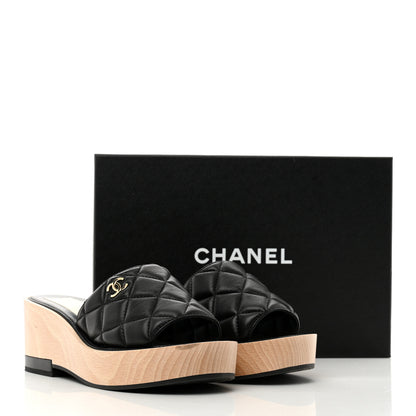 Chanel Lambskin Quilted CC Wedge Sandals 38 Black 9 of 9