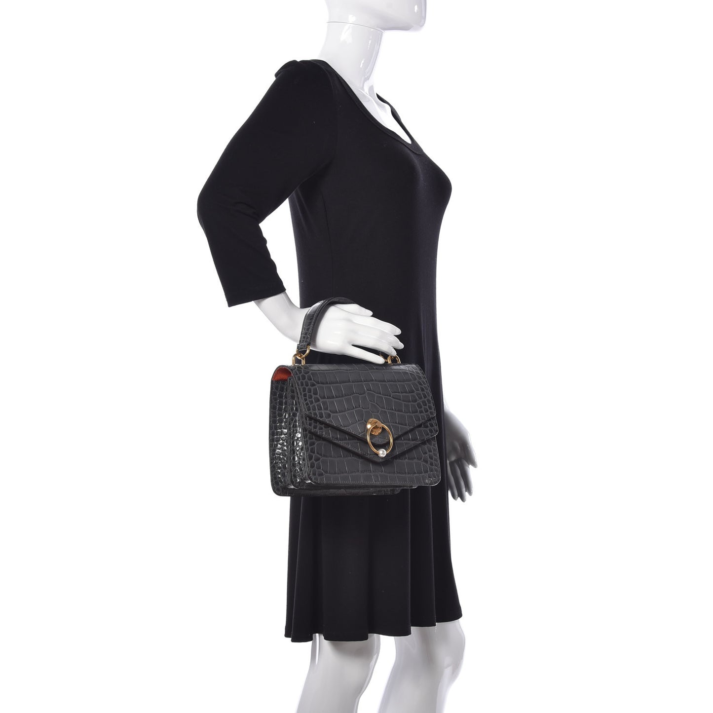 Calfskin Crocodile Embossed Medium Harlow Satchel Dark Grey