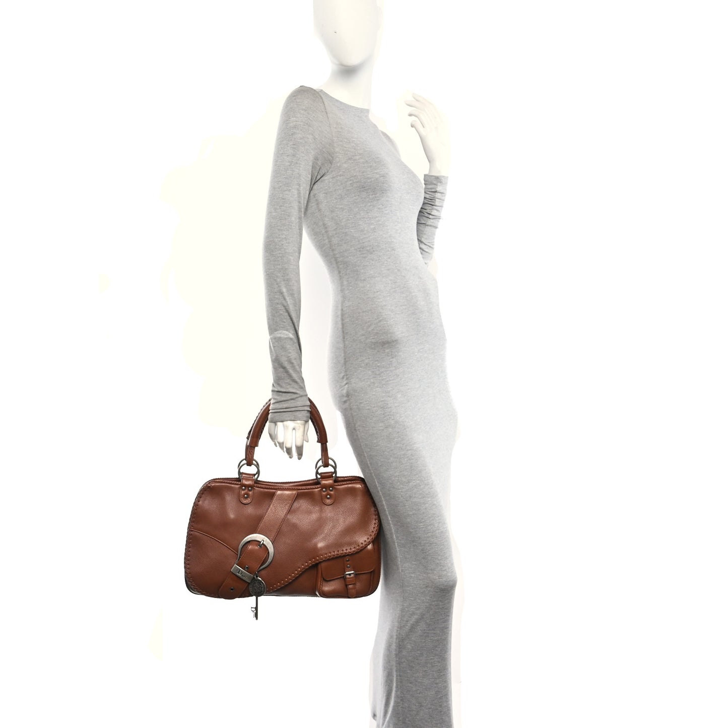 Pebbled Calfskin Braided Gaucho Saddle Handle Bag Brown