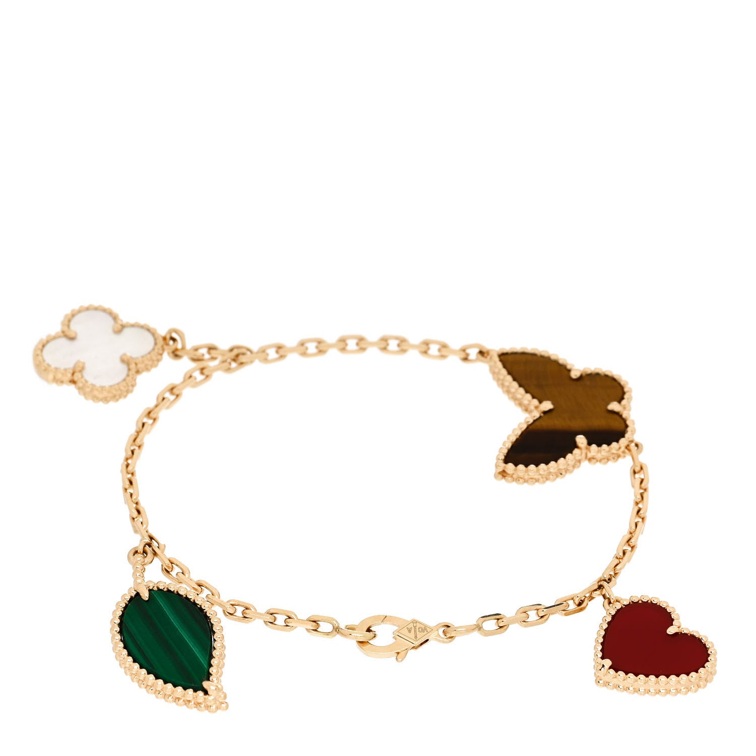 Van Cleef & Arpels 18K Yellow Gold Mother of Pearl Malachite Carnelian Tiger Eye 4 Motifs Lucky Alhambra Bracelet 2 of 4