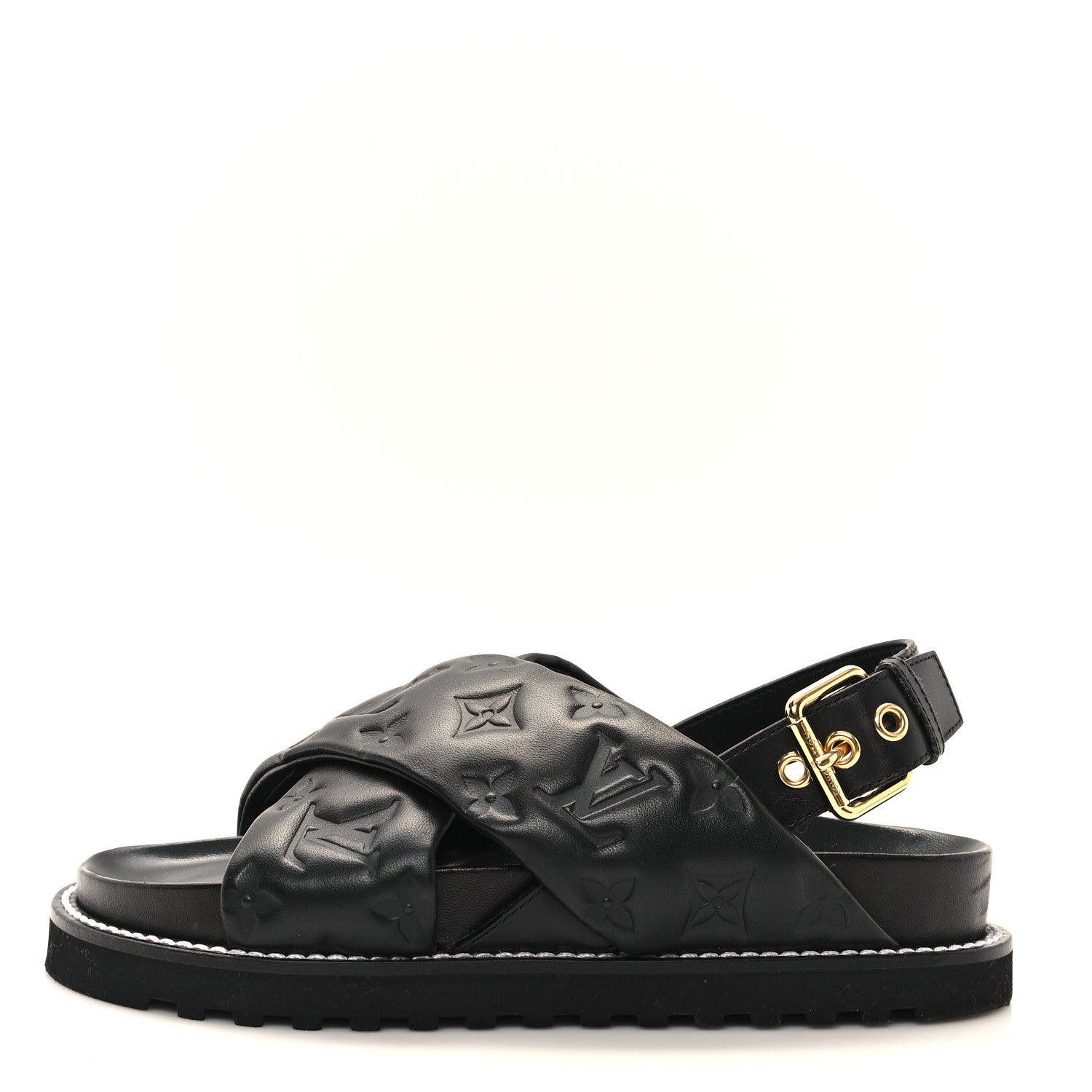 Louis Vuitton Lambskin Monogram Embossed Paseo Flat Comfort Sandals 36 Black 1 of 10