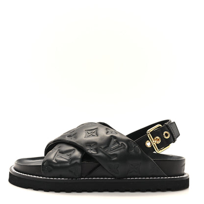 Louis Vuitton Lambskin Monogram Embossed Paseo Flat Comfort Sandals 36 Black 1 of 10