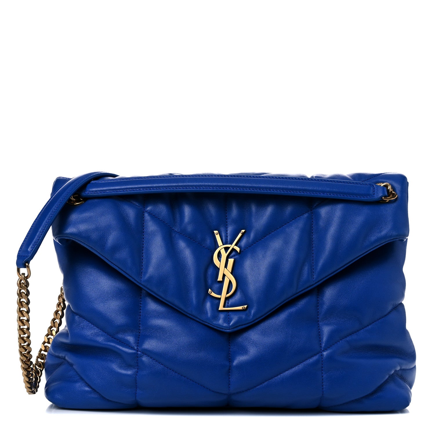 Saint Laurent Lambskin Quilted Medium Loulou Puffer Monogram Chain Satchel Majorele Blue 1 of 13