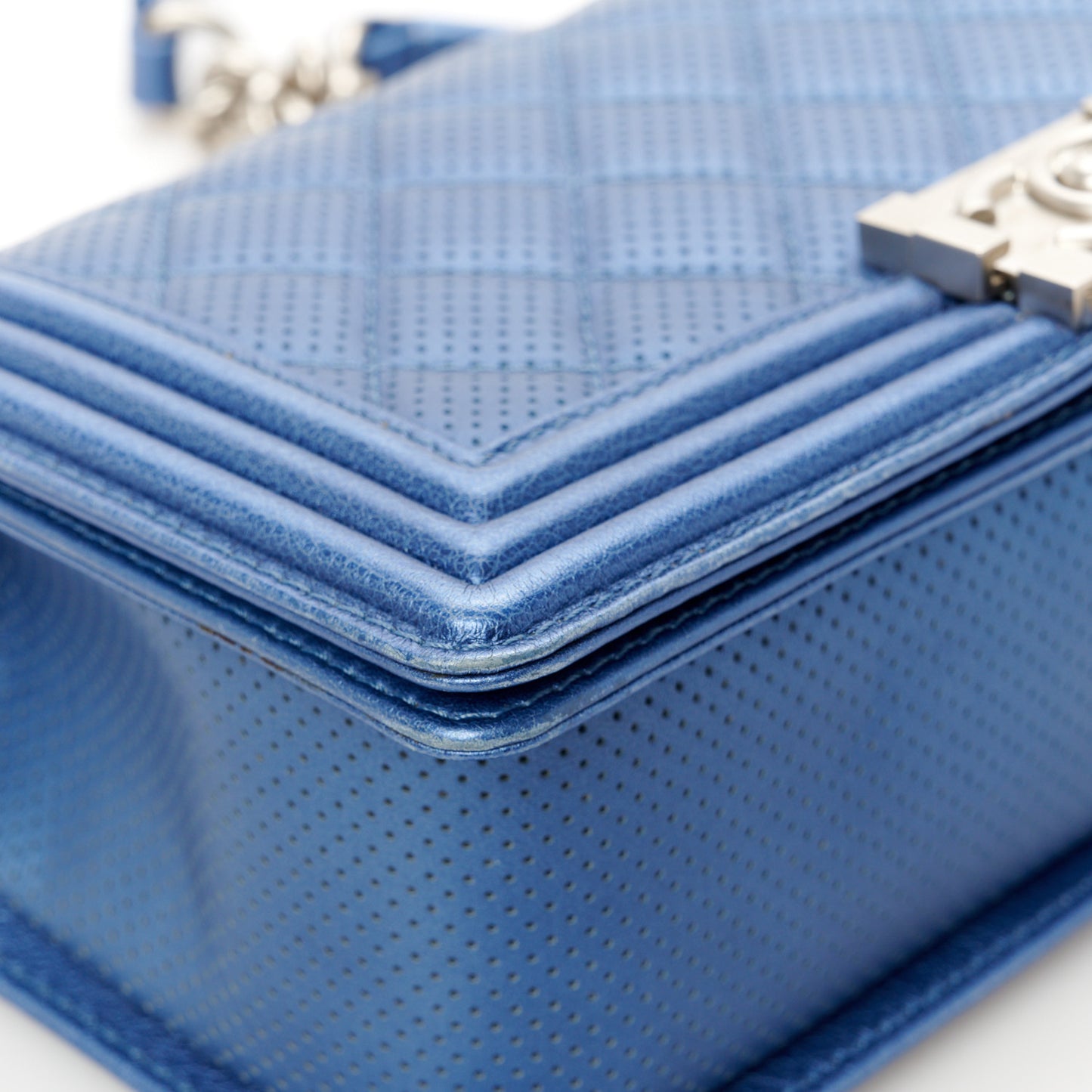 Metallic Lambskin Perforated Quilted Medium Boy Flap Blue