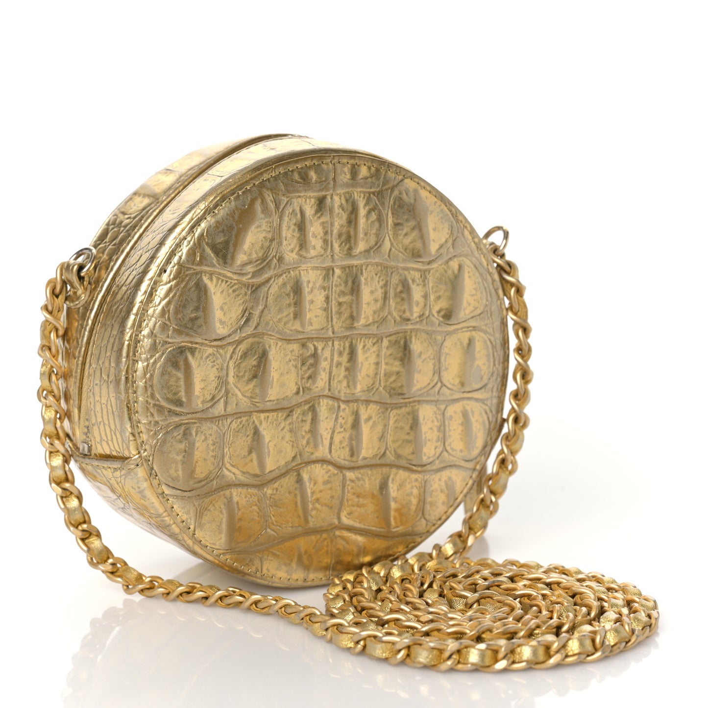 Metallic Calfskin Crocodile Embossed Cocodile Round Clutch with Chain Gold