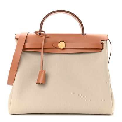 Hermes Military Toile Vache Hunter Herbag Zip Retourne 31 PM Beton Naturel 1 of 11