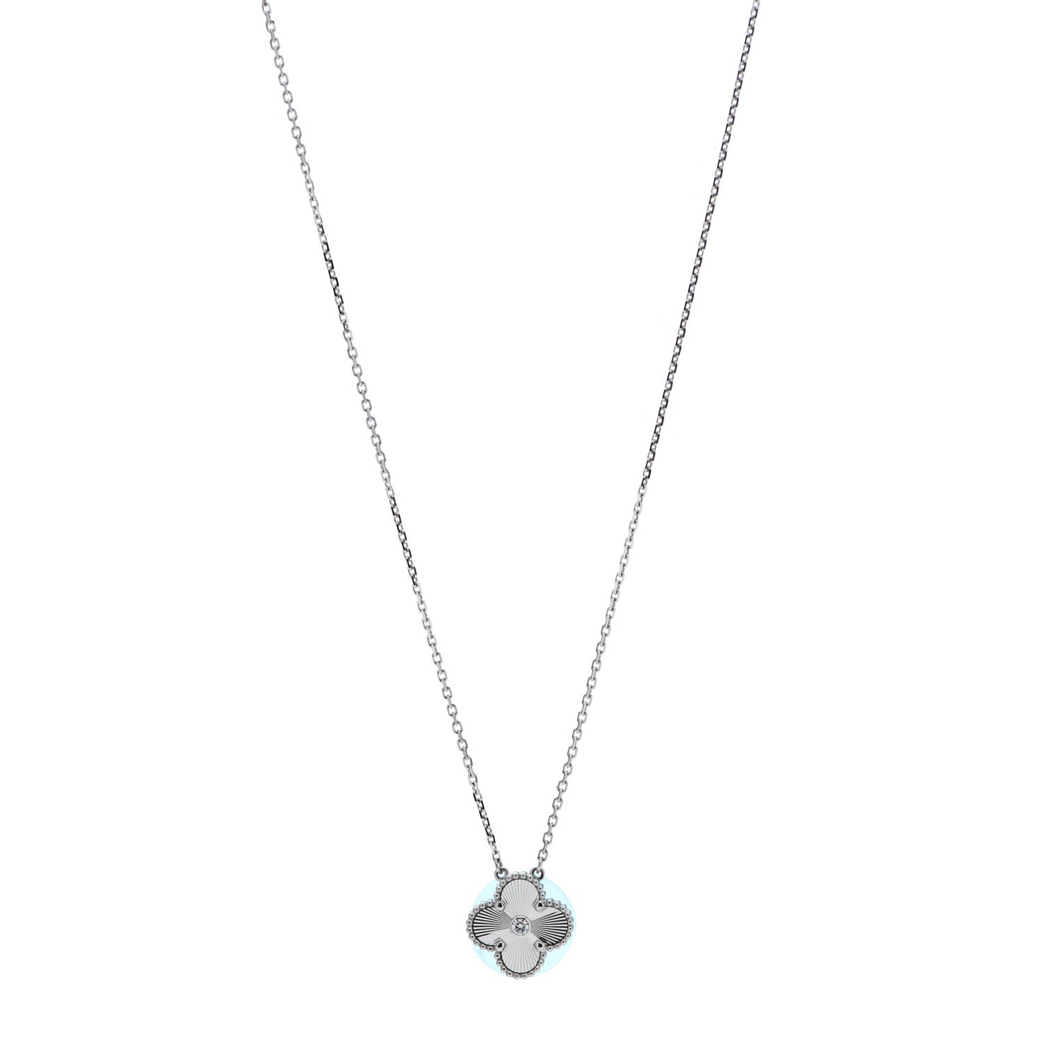 Van Cleef & Arpels 18K White Gold Diamond Guilloche Vintage Alhambra Pendant Necklace 1 of 6