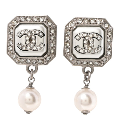 Chanel Pearl Crystal CC Square Drop Earrings Silver 1 of 4