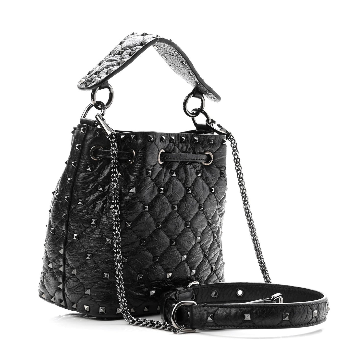 Craquele Nappa Small Rockstud Spike Bucket Bag Black