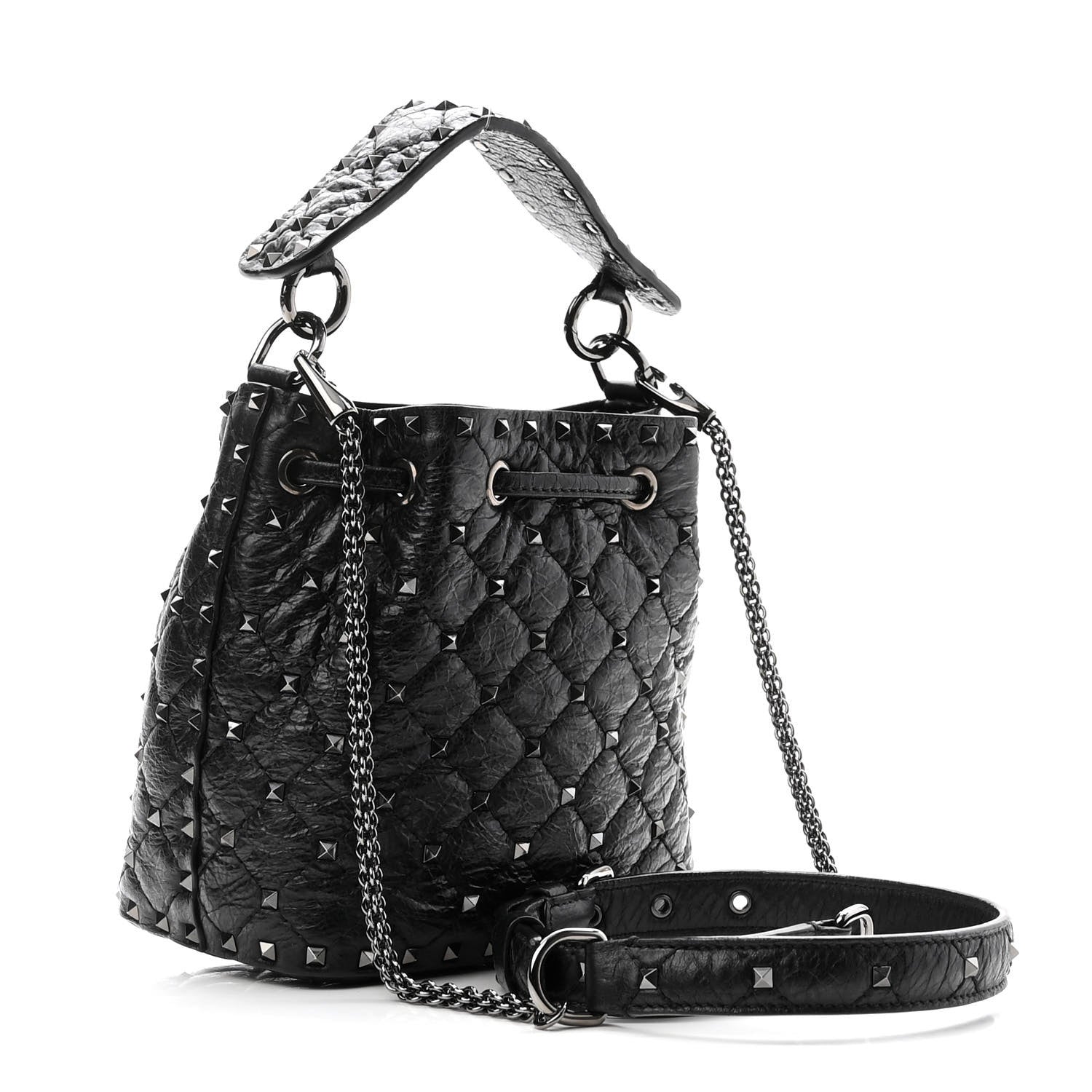 Valentino Garavani Craquele Nappa Small Rockstud Spike Bucket Bag Black 3 of 9
