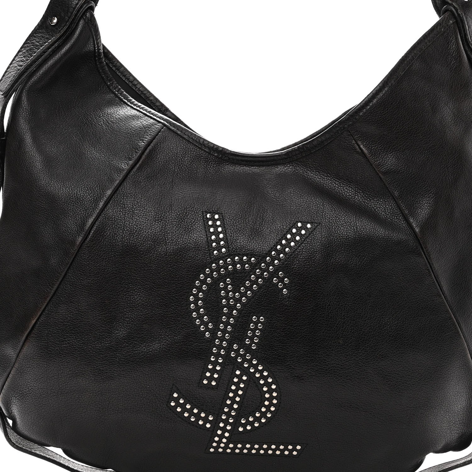 Saint Laurent Calfskin Horn Studded Logo Mombasa Hobo Black 6 of 9