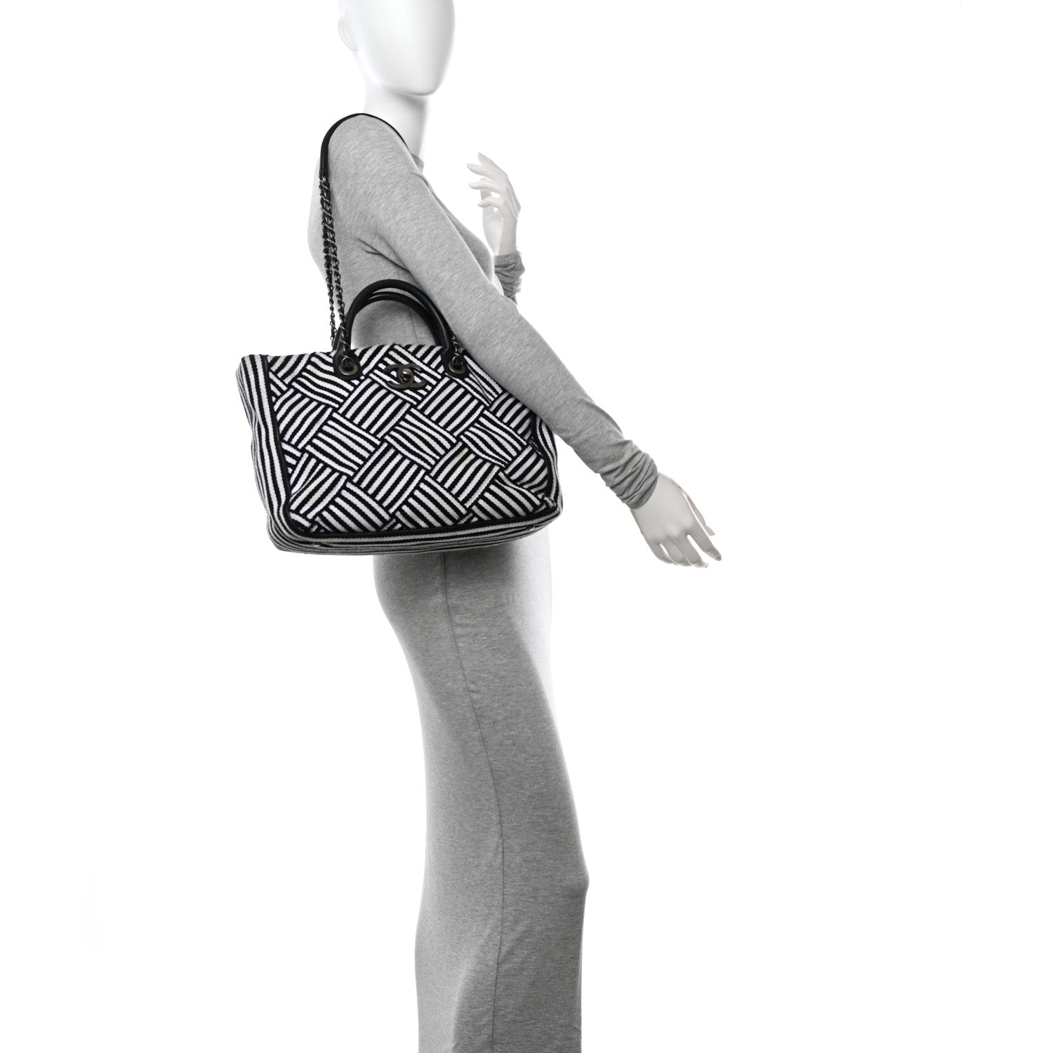 Chanel Woven Canvas Large Easy Shopping Tote Black White 2 of 12