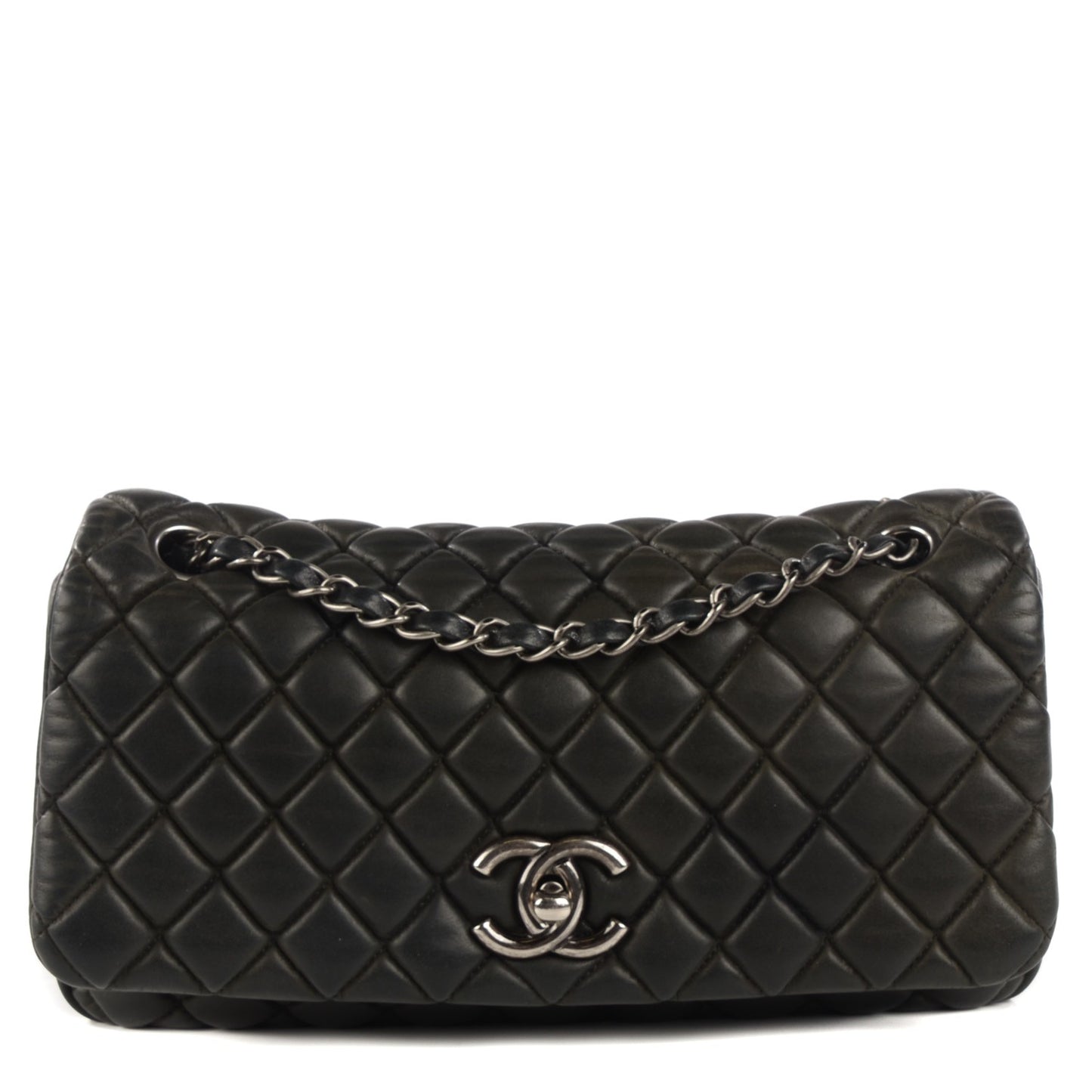 Iridescent Calfskin Large Bubble Quilt Flap Black