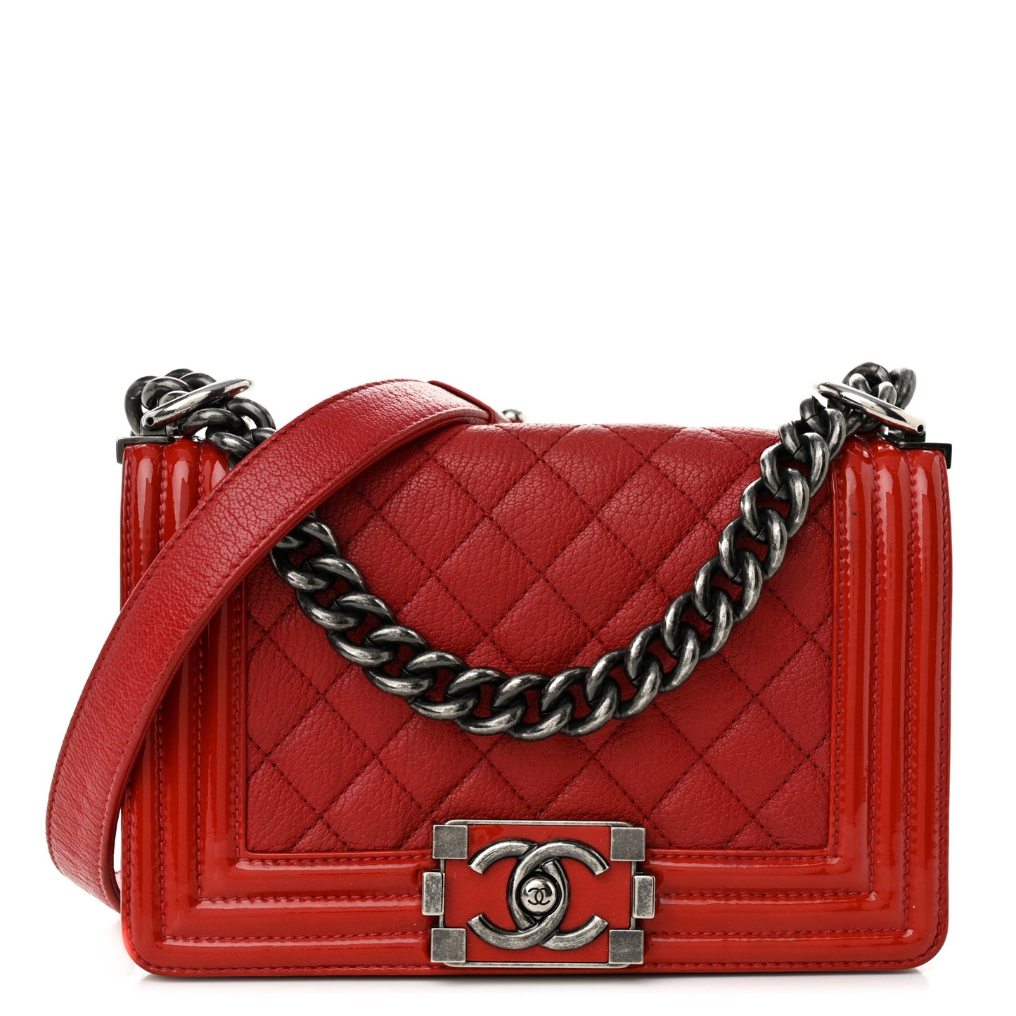 Goatskin Quilted Patent Small Duo Boy Flap Red