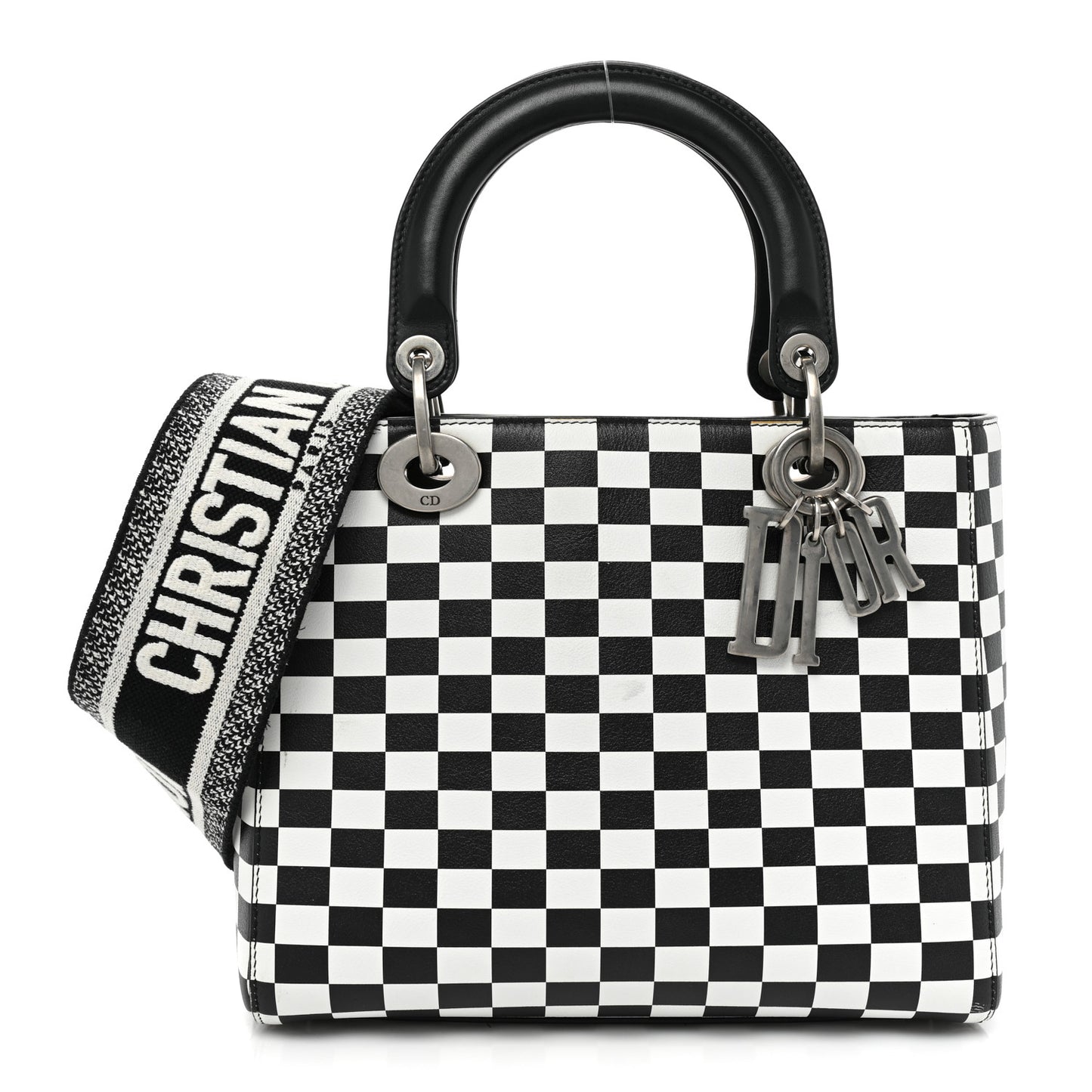 Calfskin Checkered Medium Lady Dior Black White