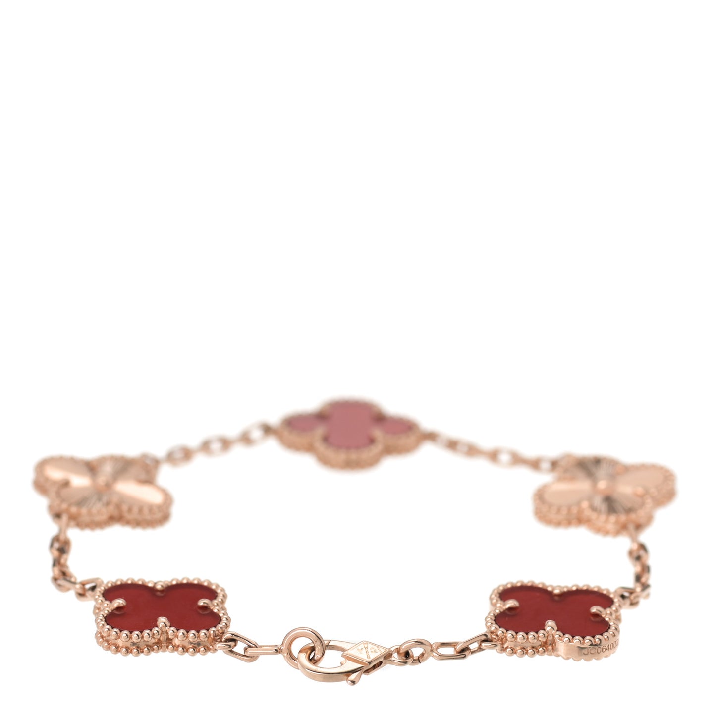 18K Rose Gold Carnelian 5 Motifs Guilloche Vintage Alhambra Bracelet
