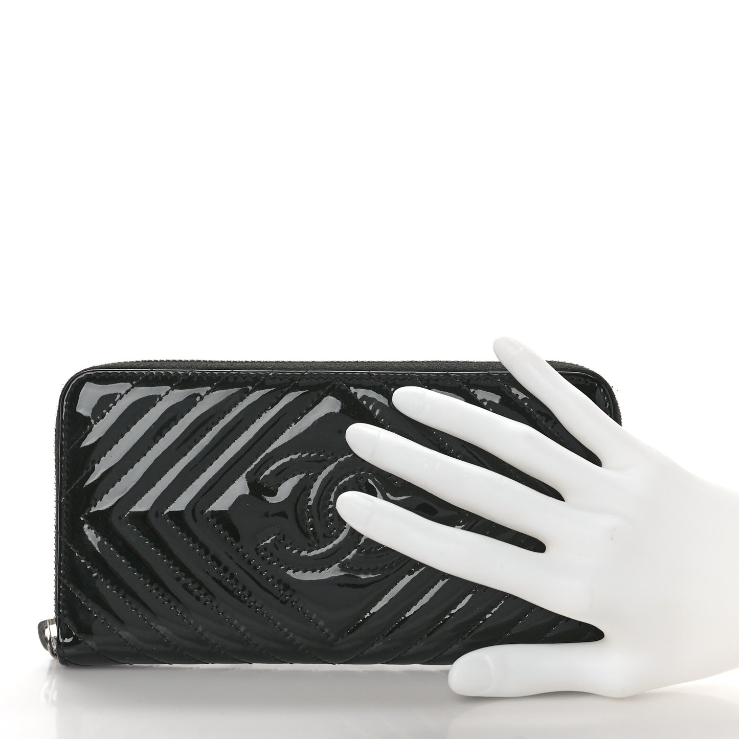 Patent Chevron Quilted CC Zip Around Wallet Black