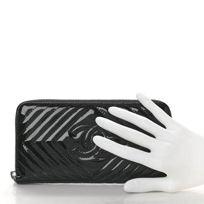 Chanel Patent Chevron Quilted CC Zip Around Wallet Black 2 of 13