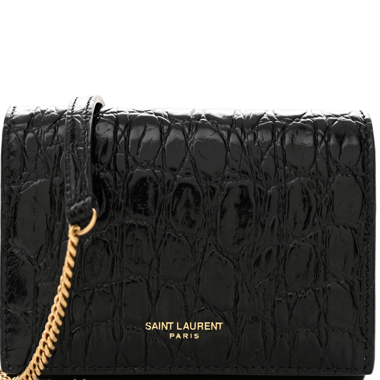 Calfskin Crocodile Embossed Monogram Chain Card Case Black