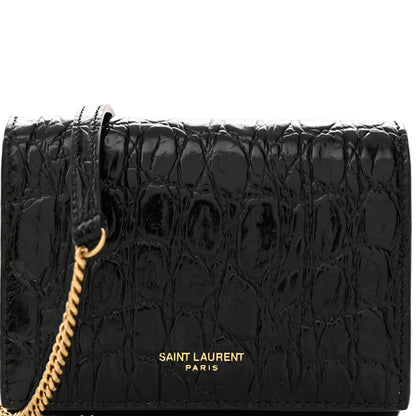 Saint Laurent Calfskin Crocodile Embossed Monogram Chain Card Case Black 9 of 11