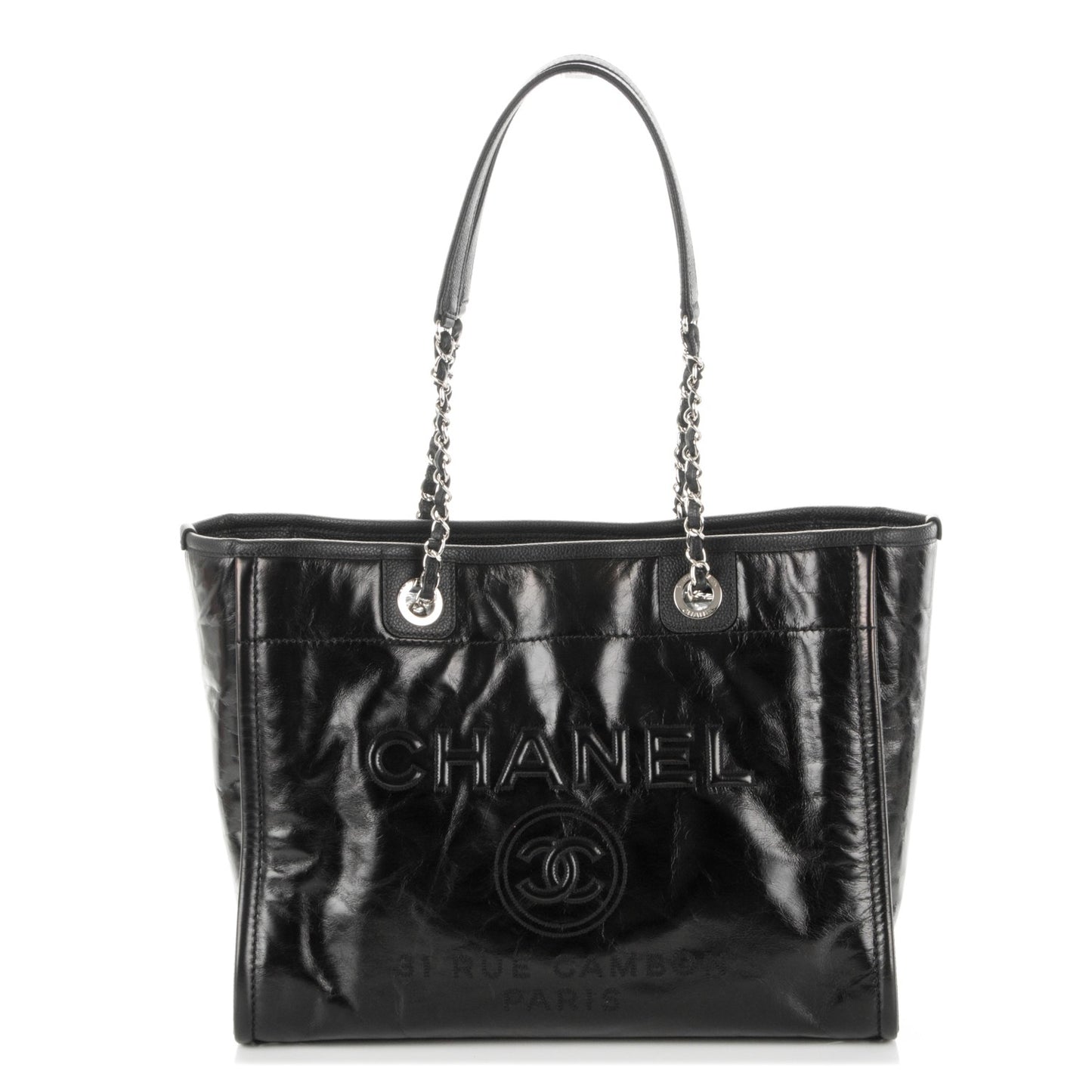 Glazed Calfskin Small Deauville Tote Black