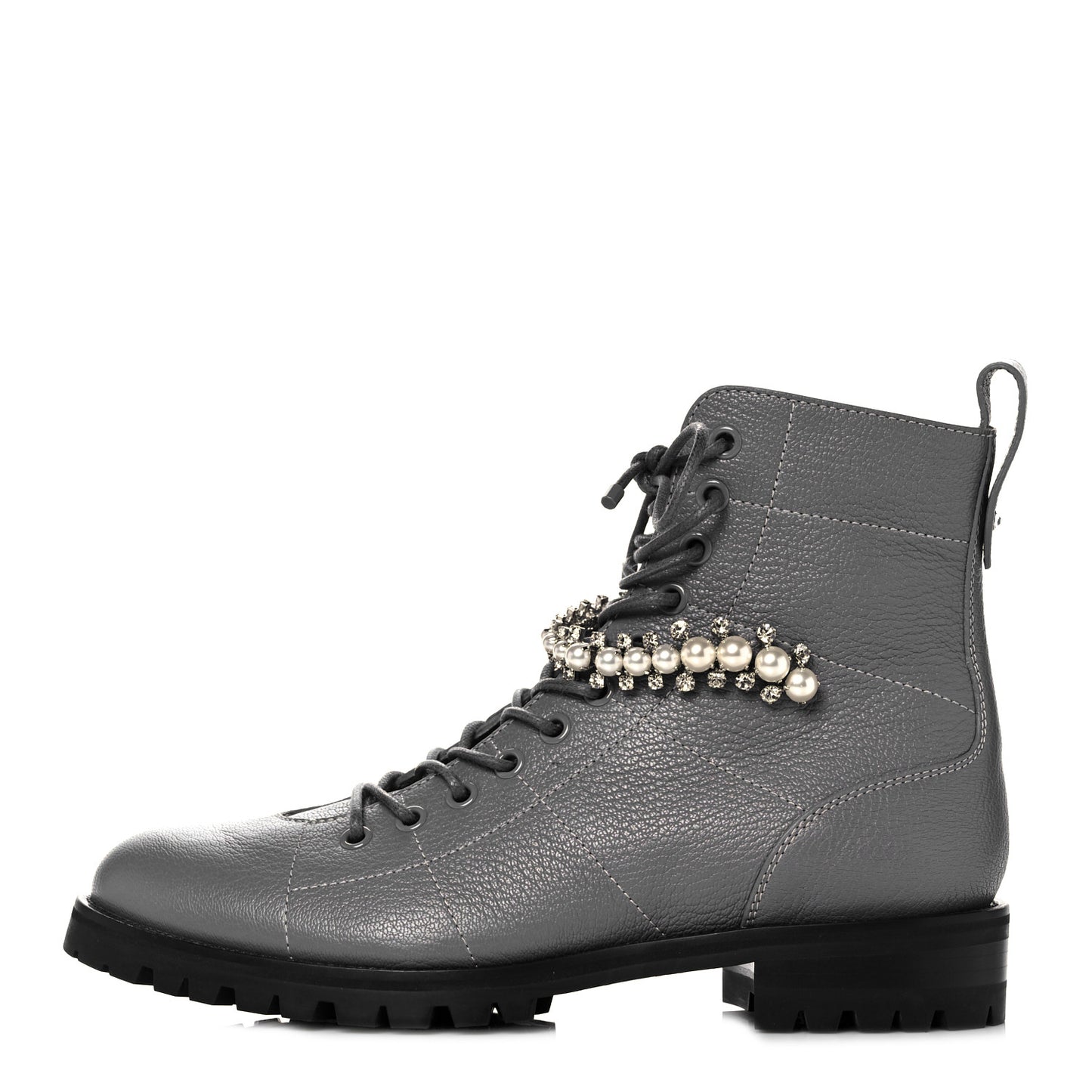 IMMY CHOO Grained Goatskin Pearl Crystal Embellished Cruz Combat Boots 38.5 Grey