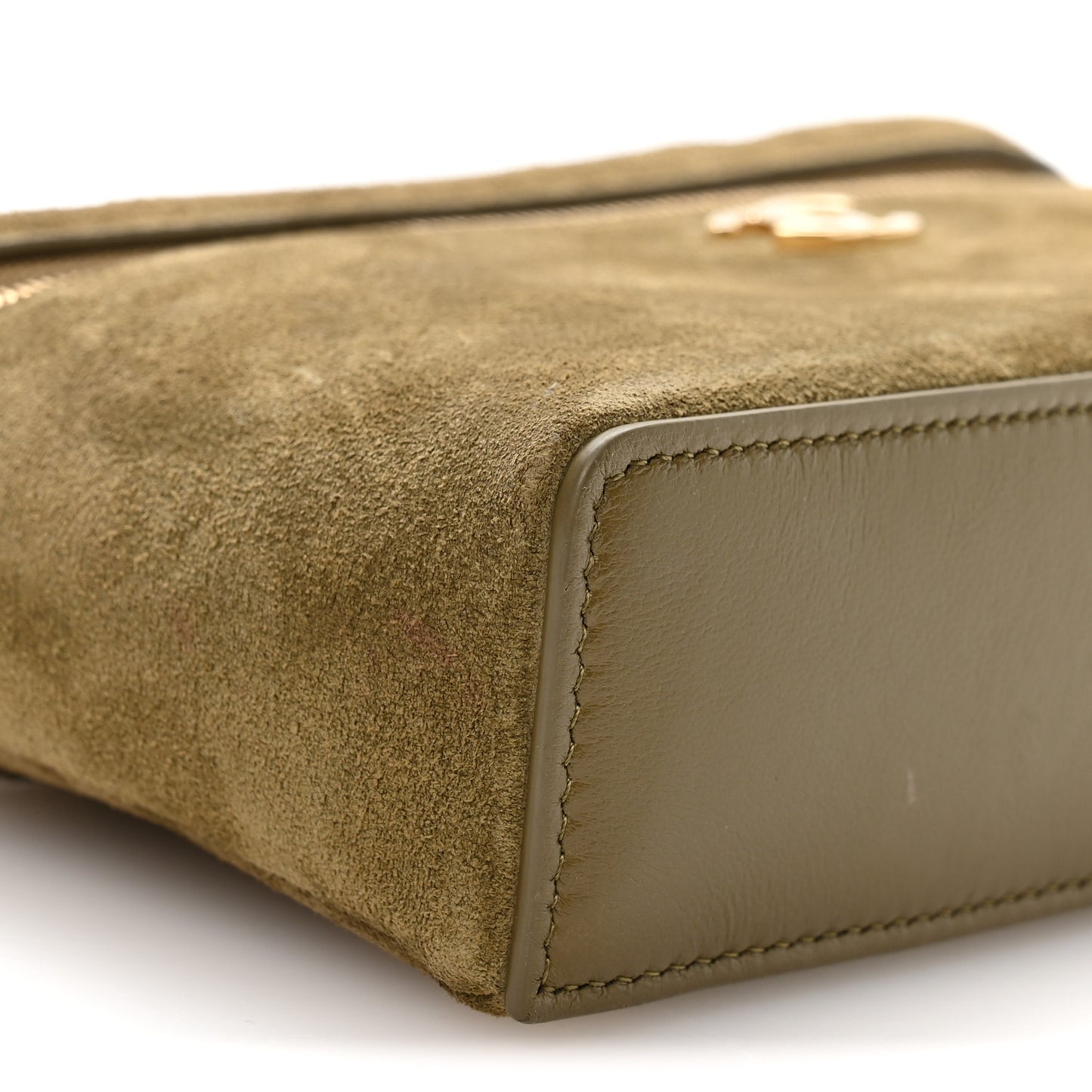 Suede Calfskin Top Handle Slim Vanity Case With Chain Dark Khaki