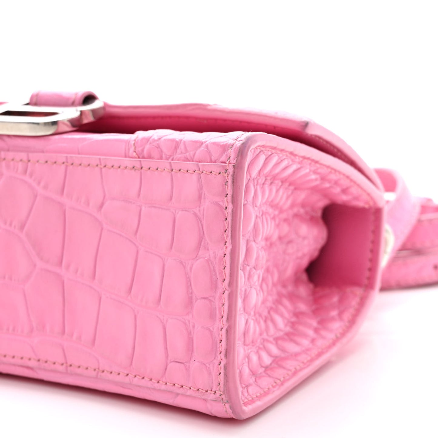 Shiny Calfskin Crocodile Embossed Hourglass Top Handle Bag XS Baby Pink