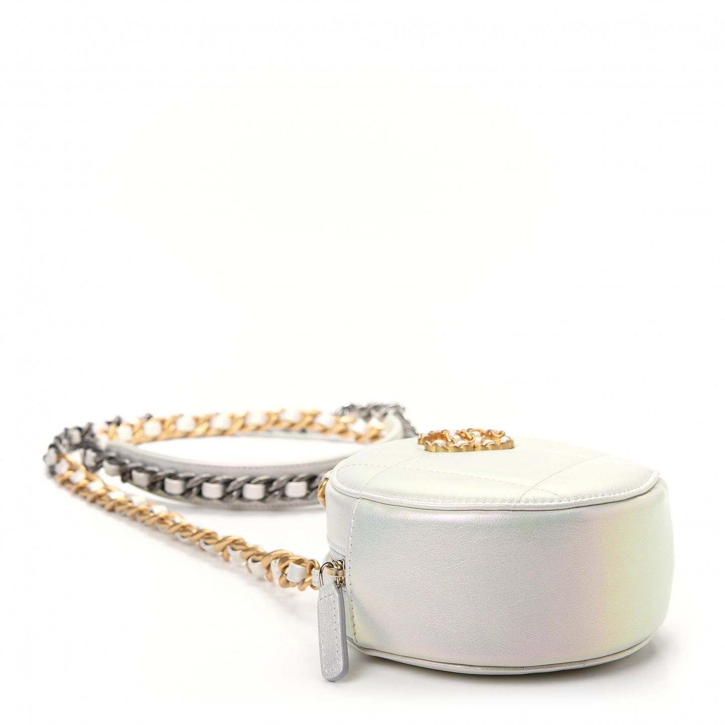 Iridescent Calfskin Quilted Chanel 19 Round Clutch With Chain White