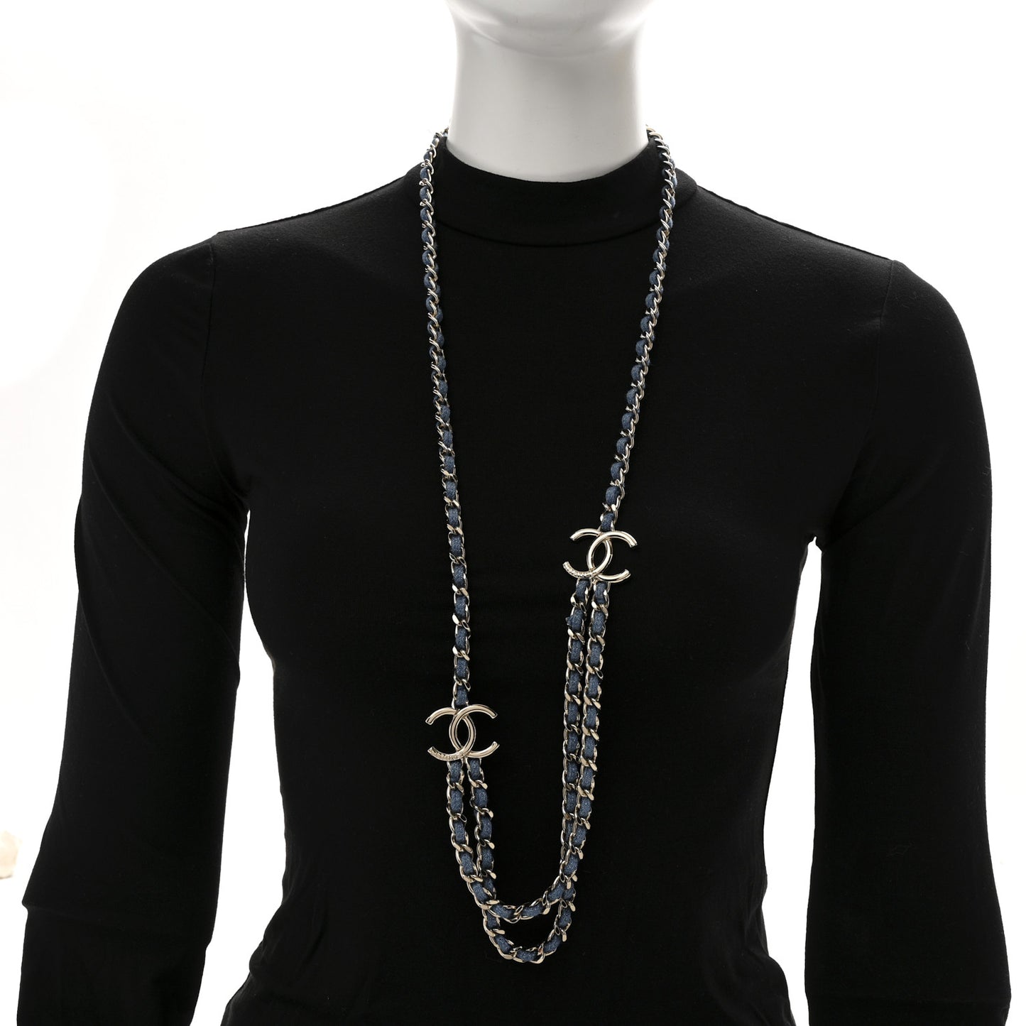 Metal Denim CC Double Chain Long Necklace Blue Gold