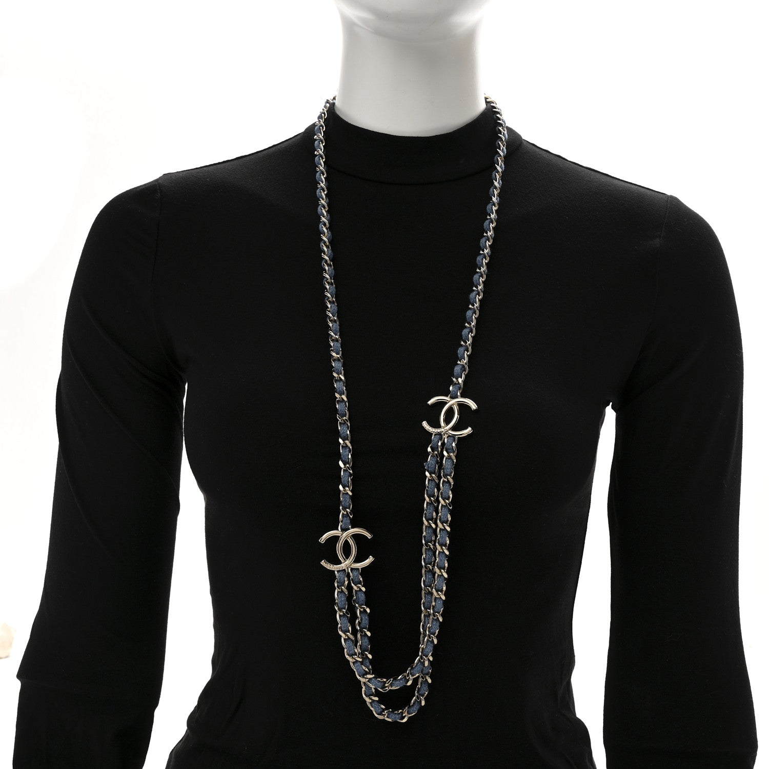 Chanel Metal Denim CC Double Chain Long Necklace Blue Gold 2 of 7