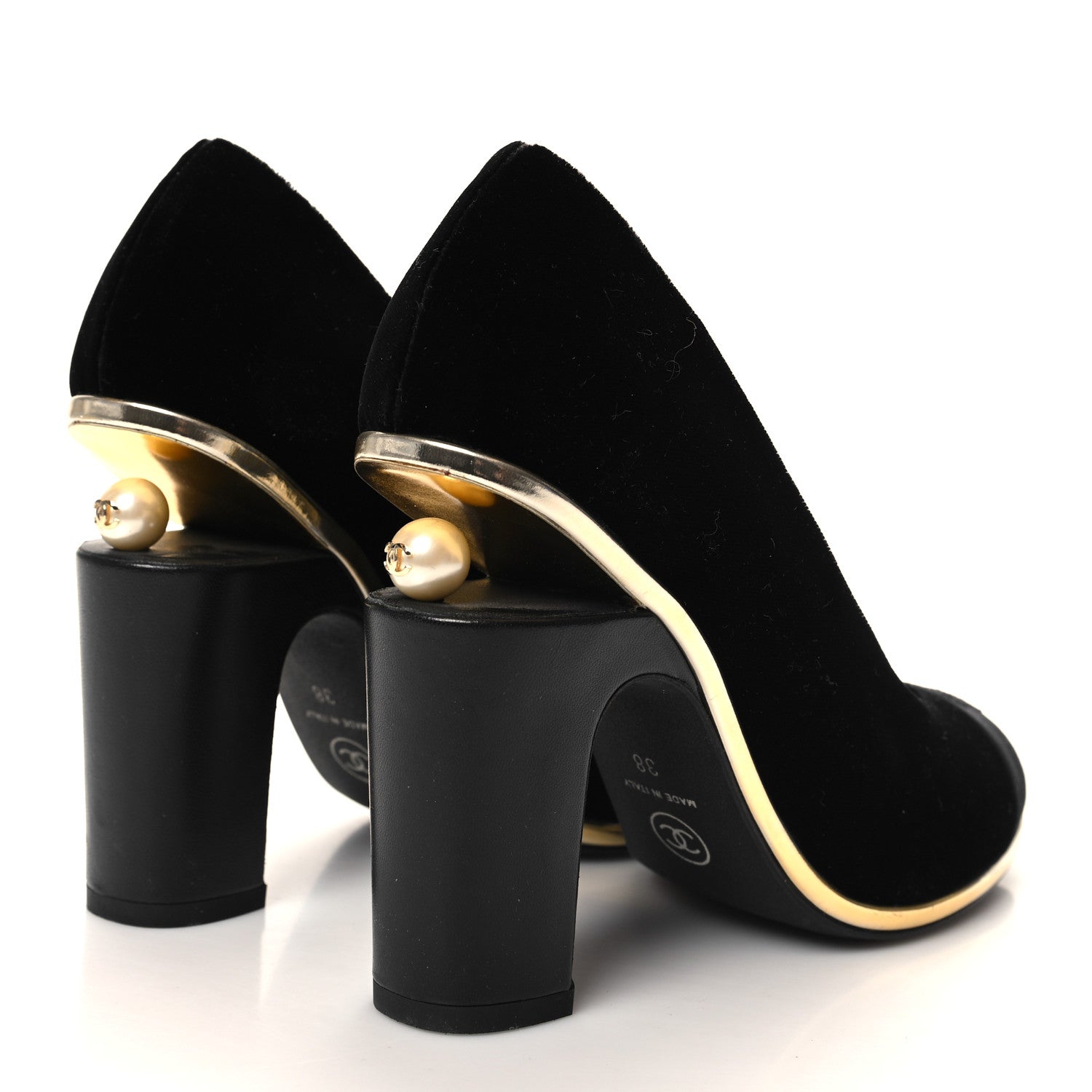 Chanel Velvet Satin Cap Toe Pearl Pumps 38 Black 4 of 8