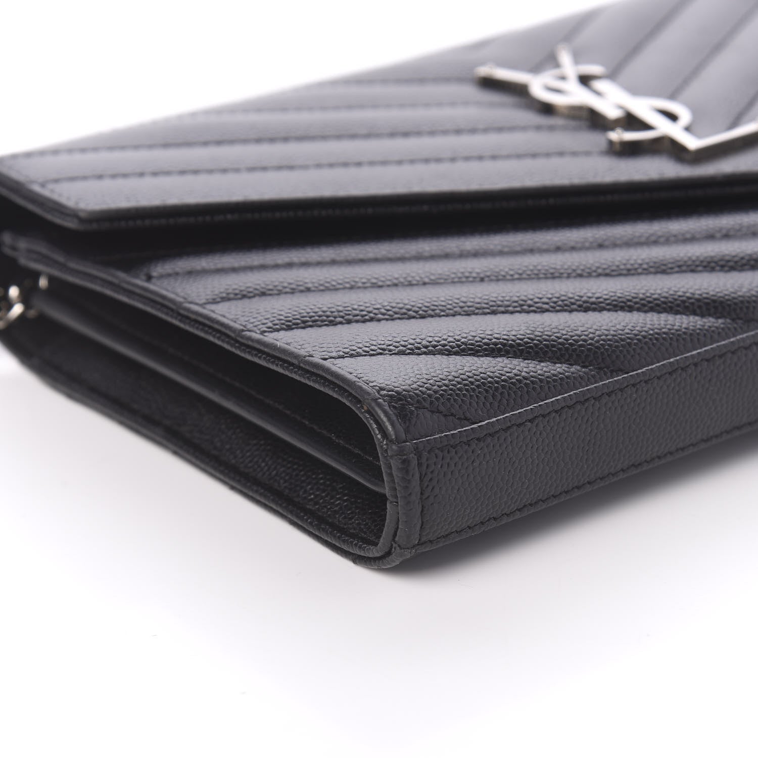 Saint Laurent Grain De Poudre Matelasse Chevron Monogram Chain Wallet Black 6 of 11