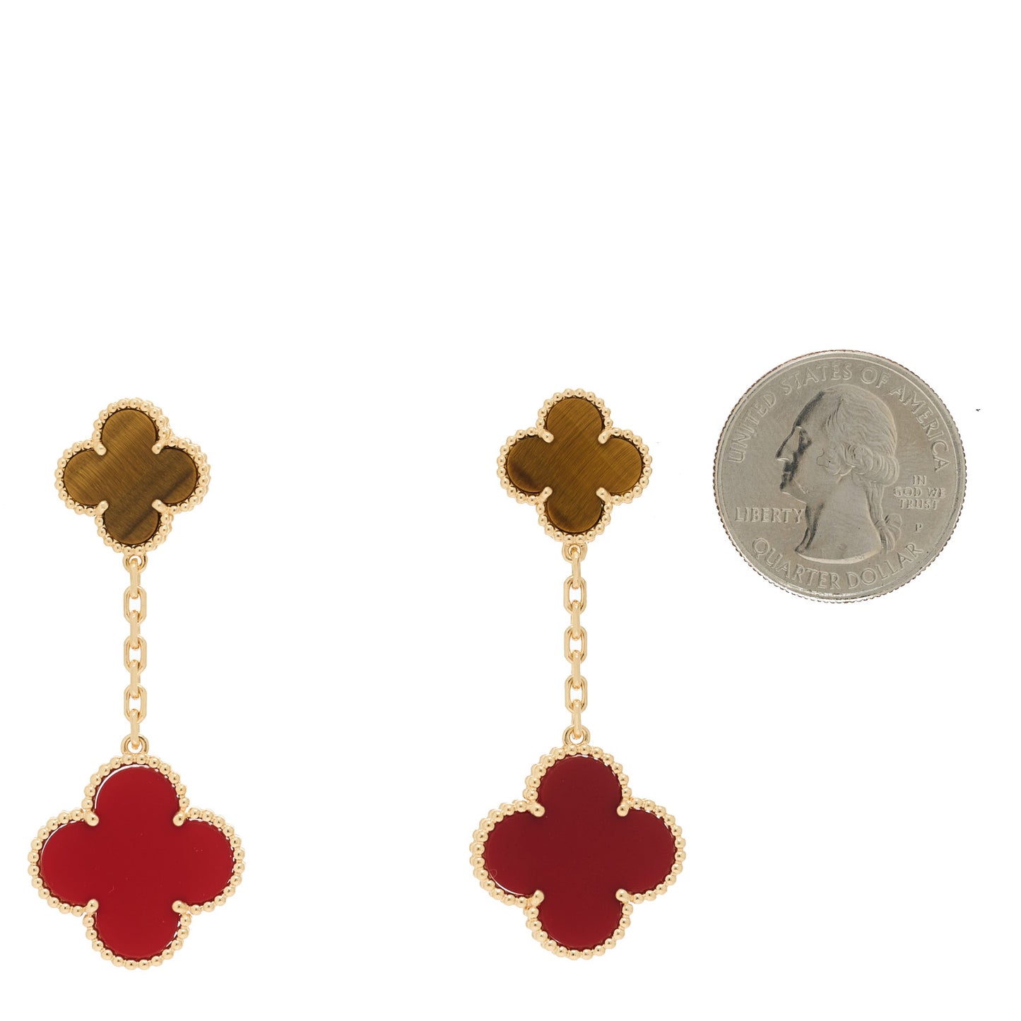 18K Yellow Gold Tiger Eye Carnelian 2 Motifs Magic Alhambra Earrings