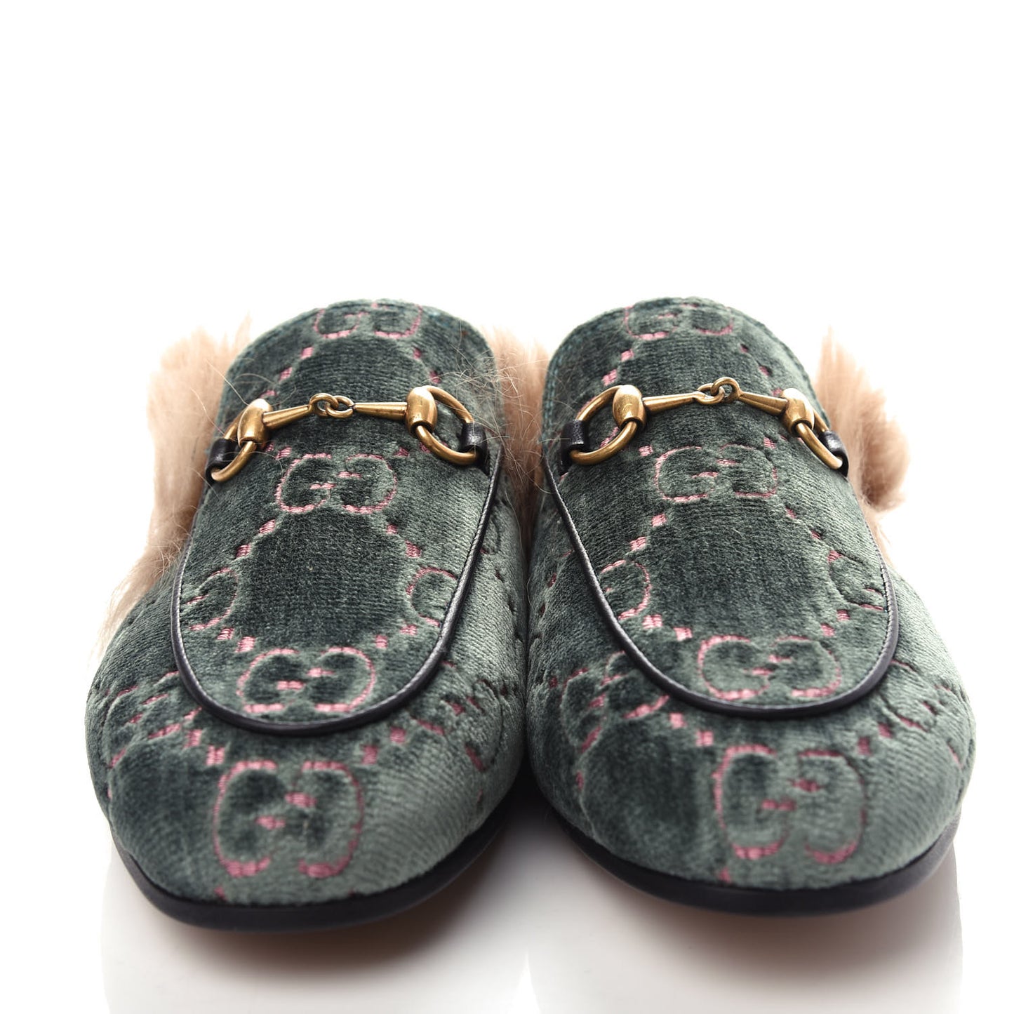 Velvet GG Monogram Fur Womens Princetown Slippers 35.5 Avio Dusty Pink