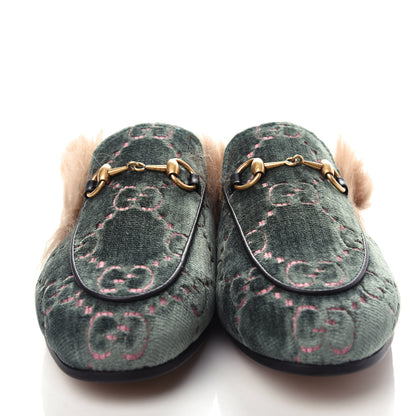 Gucci Velvet GG Monogram Fur Womens Princetown Slippers 35.5 Avio Dusty Pink 5 of 10