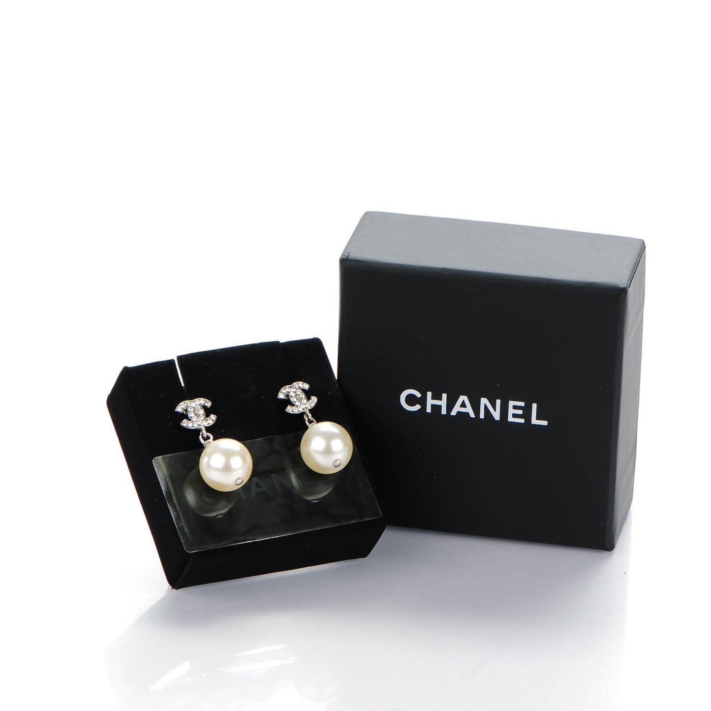 Crystal Pearl CC Drop Earrings Silver