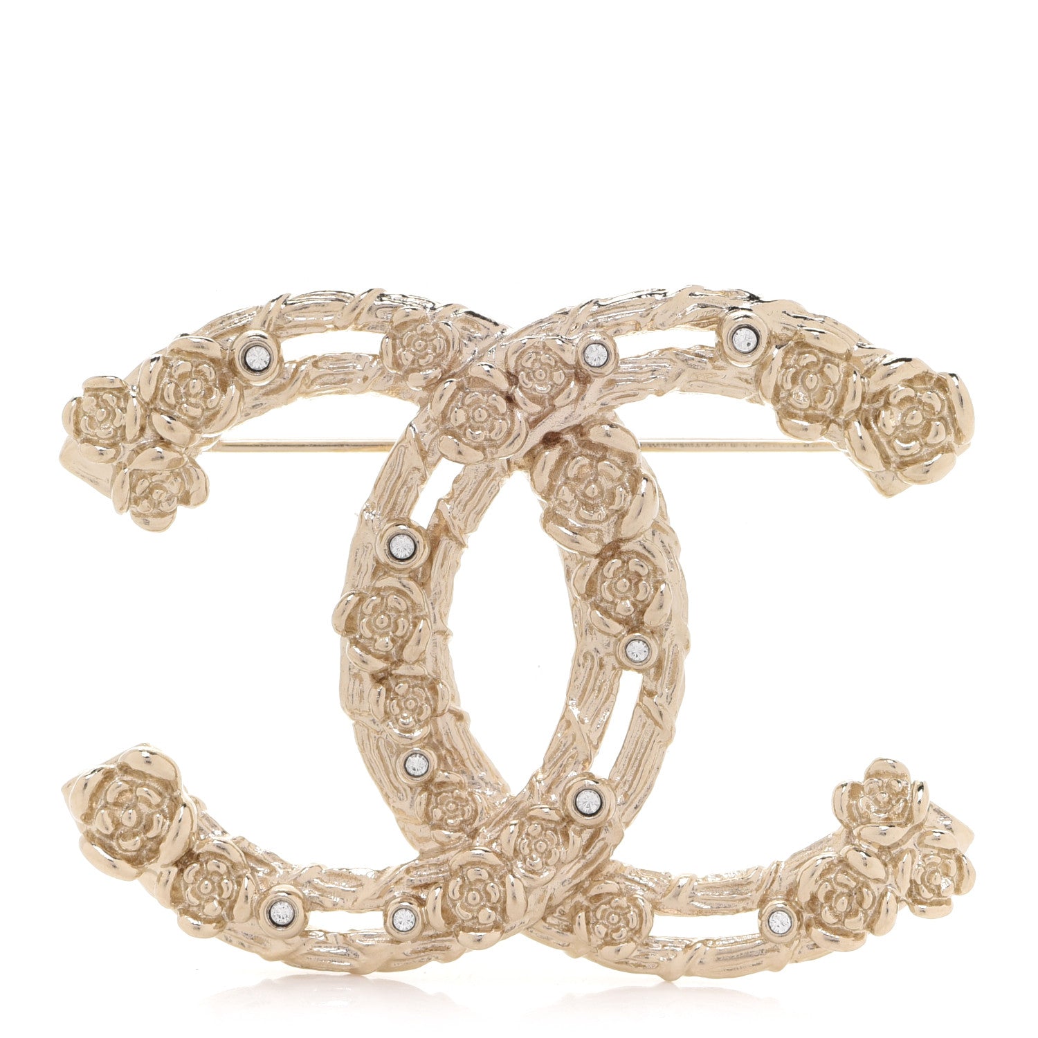 Chanel Metal Crystal Camellia CC Brooch Light Gold 1 of 4