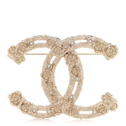 Chanel Metal Crystal Camellia CC Brooch Light Gold 1 of 4