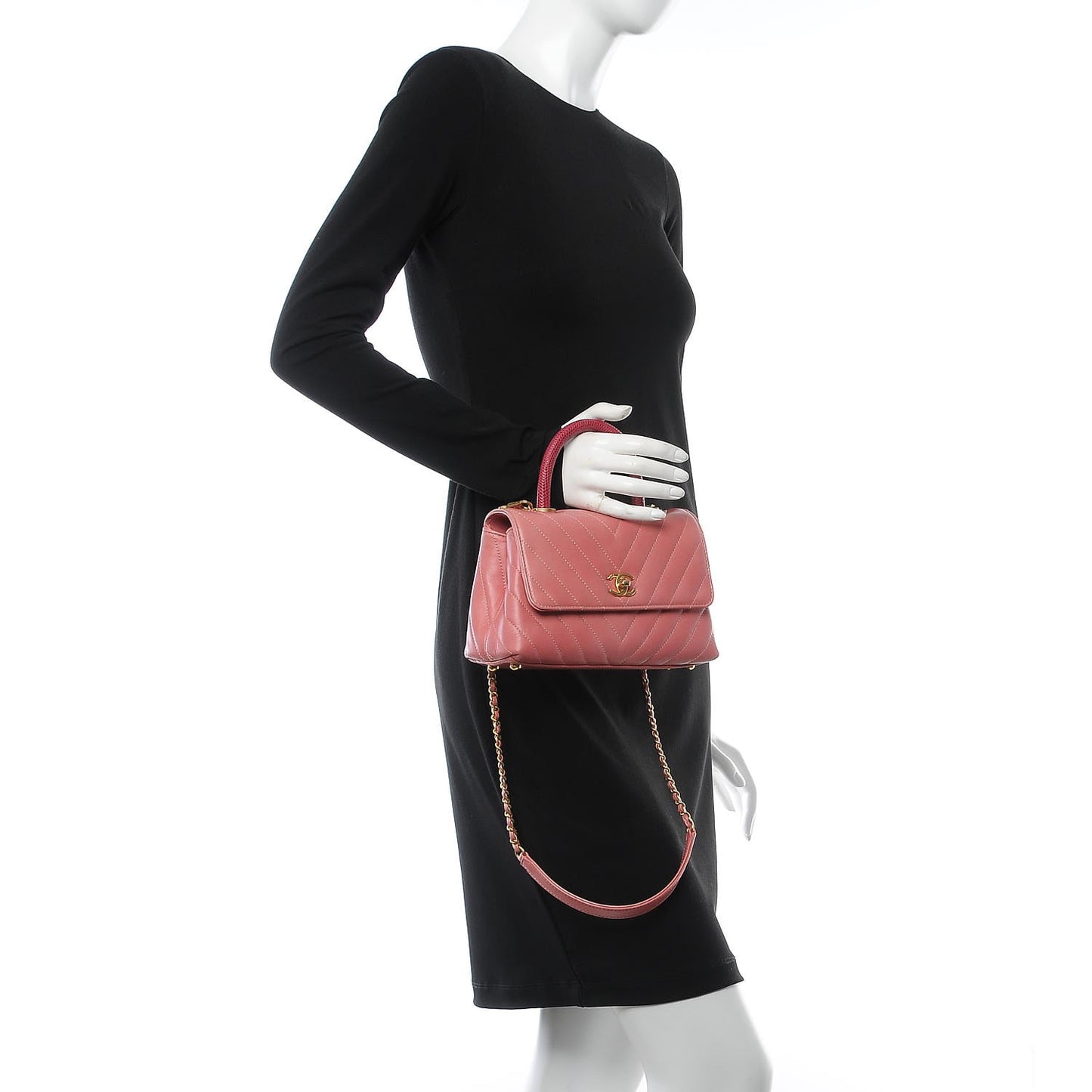 Calfskin Lizard Chevron Quilted Mini Coco Handle Flap Pink