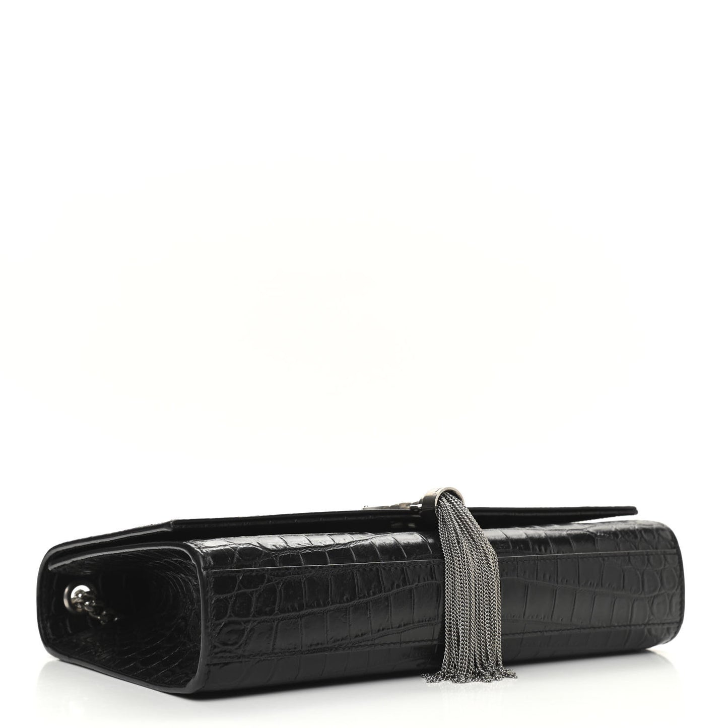Calfskin Crocodile Embossed Medium Classic Monogram Kate Tassel Satchel Black