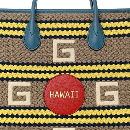 Gucci Fabric Embroidered Hawaii Striped Tote Bag Blue 8 of 10