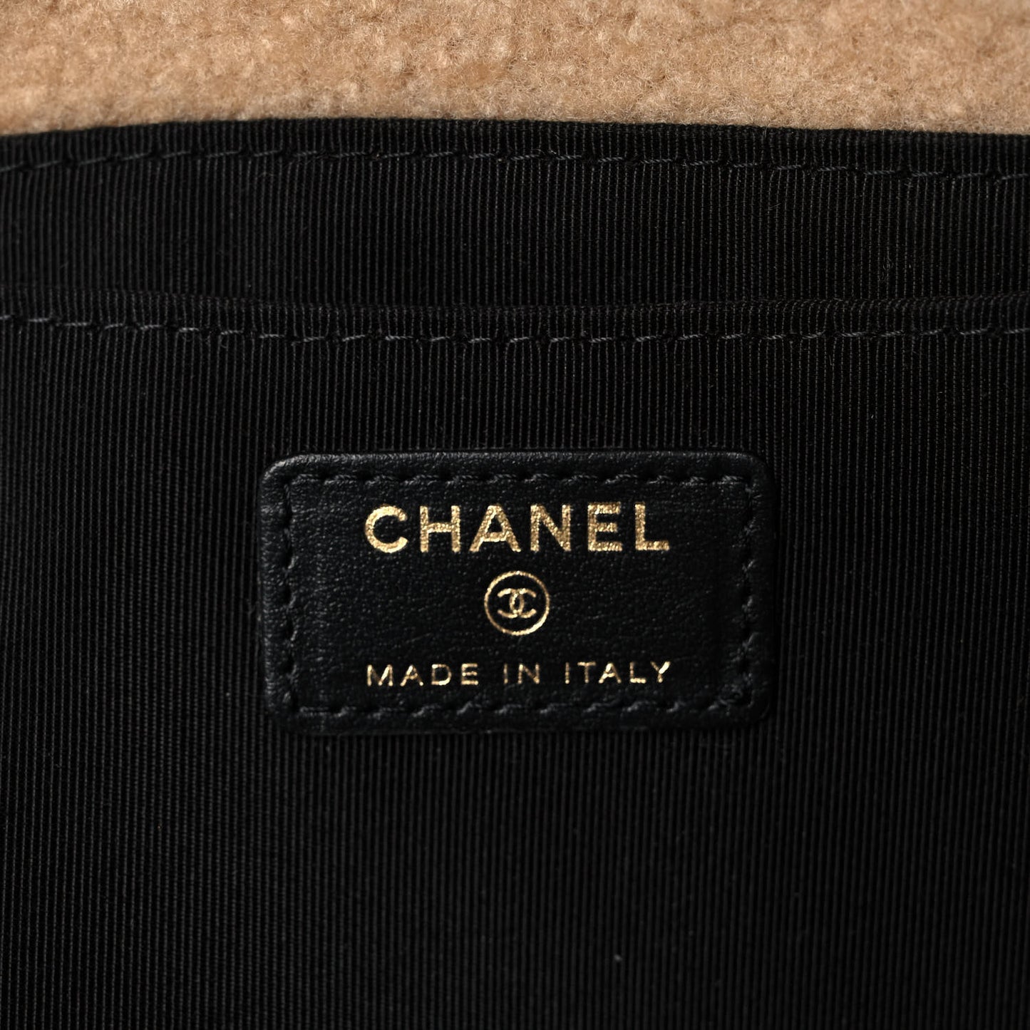 Shiny Crumpled Sheepskin Shearling CC Mania Zip Pouch Black Beige