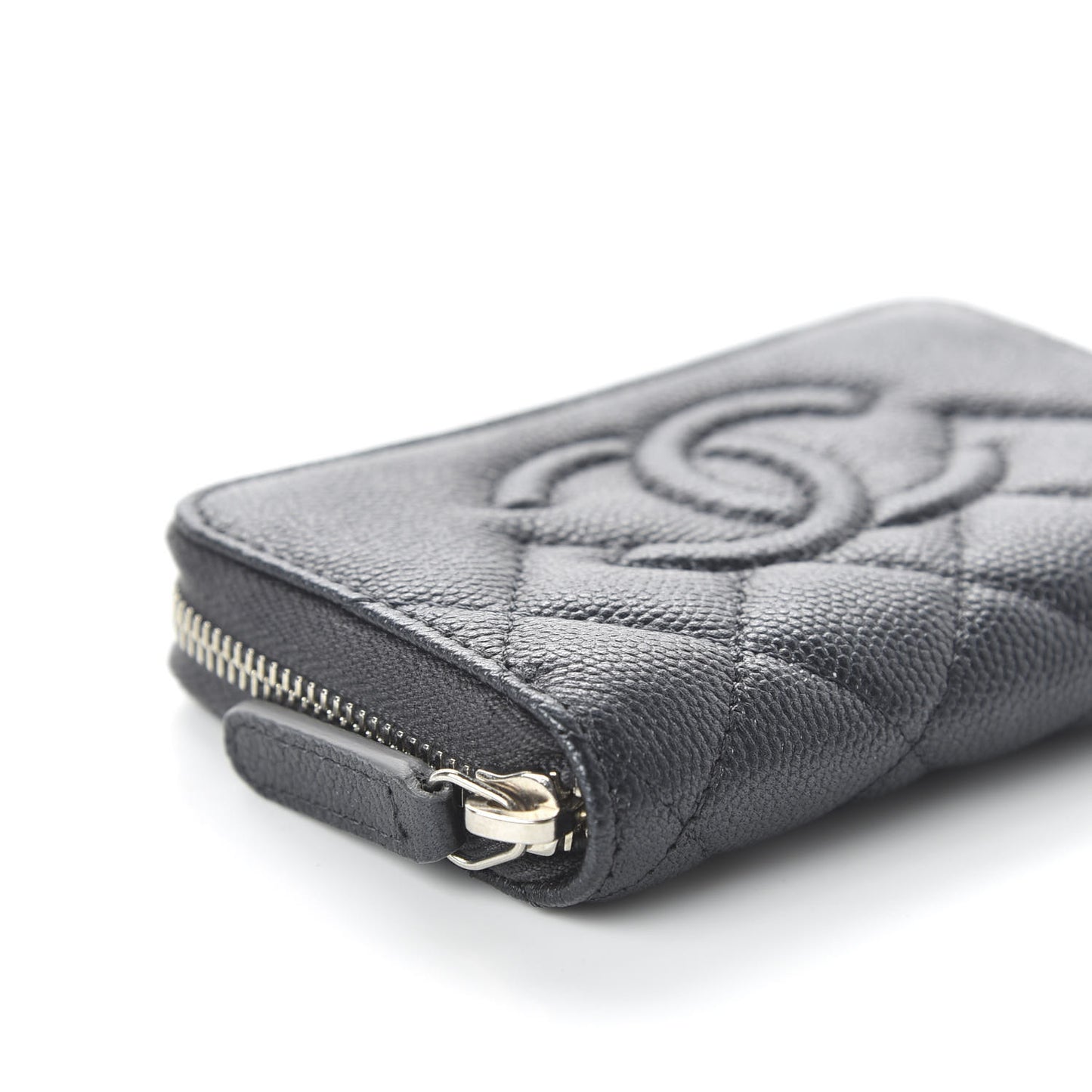 Metallic Caviar Quilted CC Zip Around Coin Purse Wallet Dark Grey