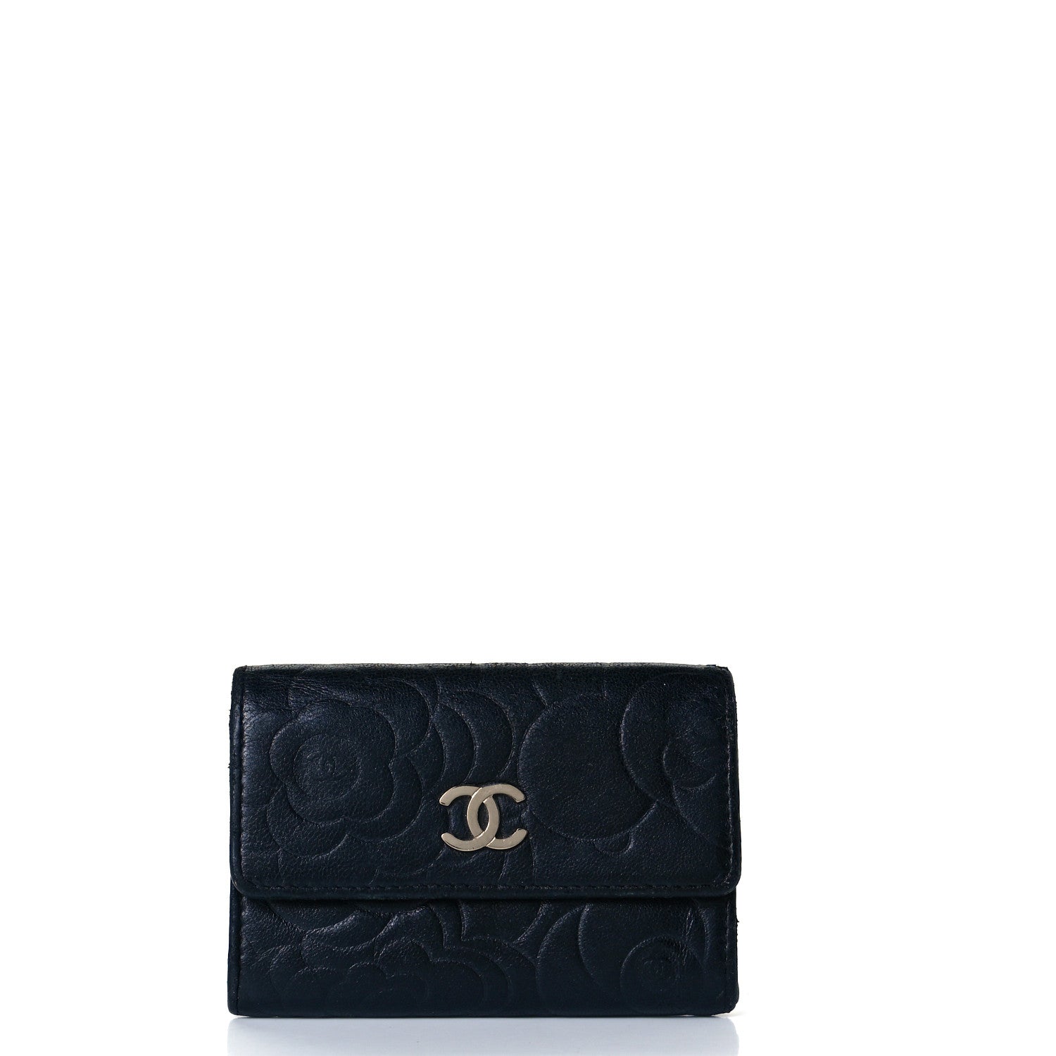 Chanel Lambskin Camellia Embossed Card Holder Wallet Black 1 of 8