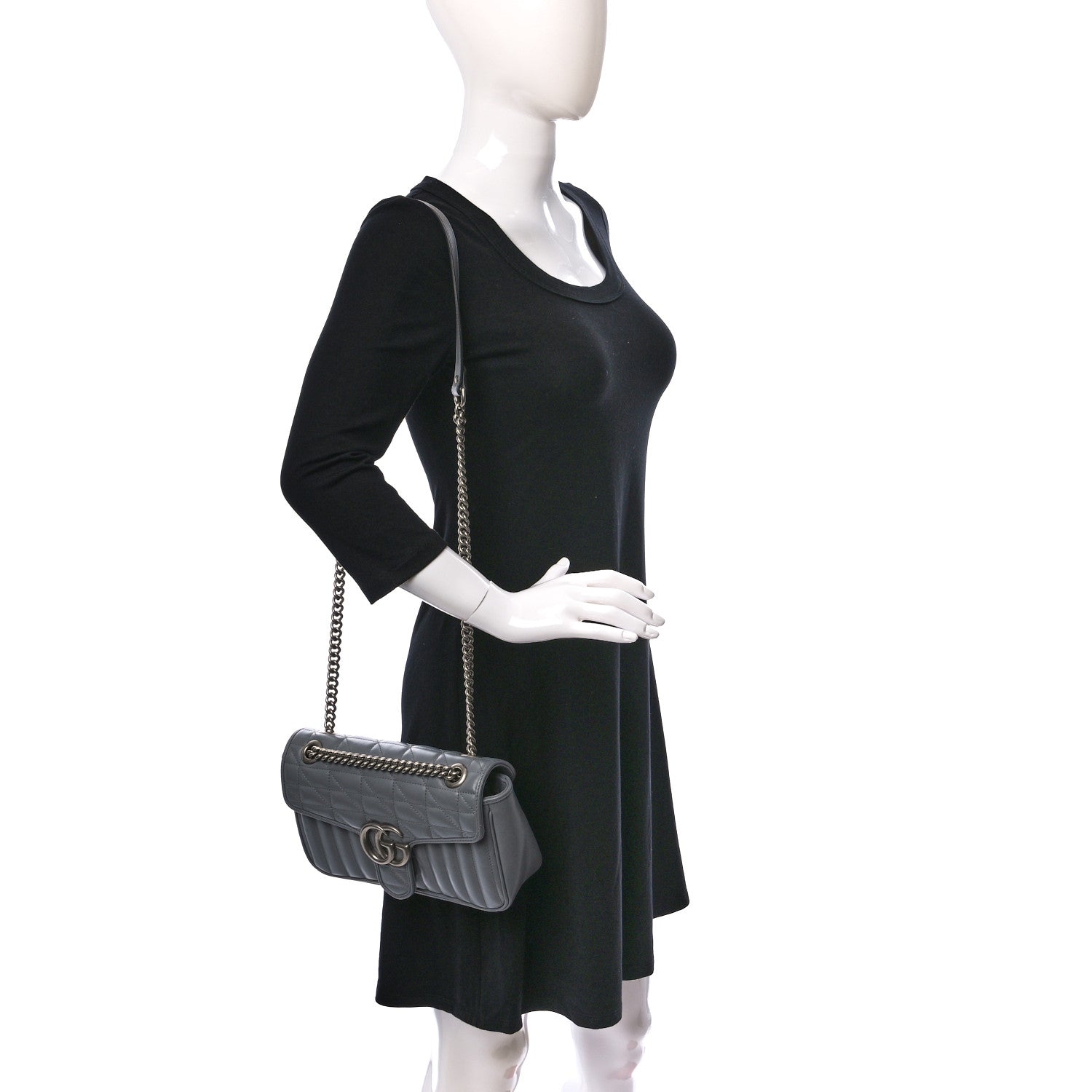 Gucci Calfskin Matelasse Aria Small GG Marmont Shoulder Bag Deep Grey 2 of 8